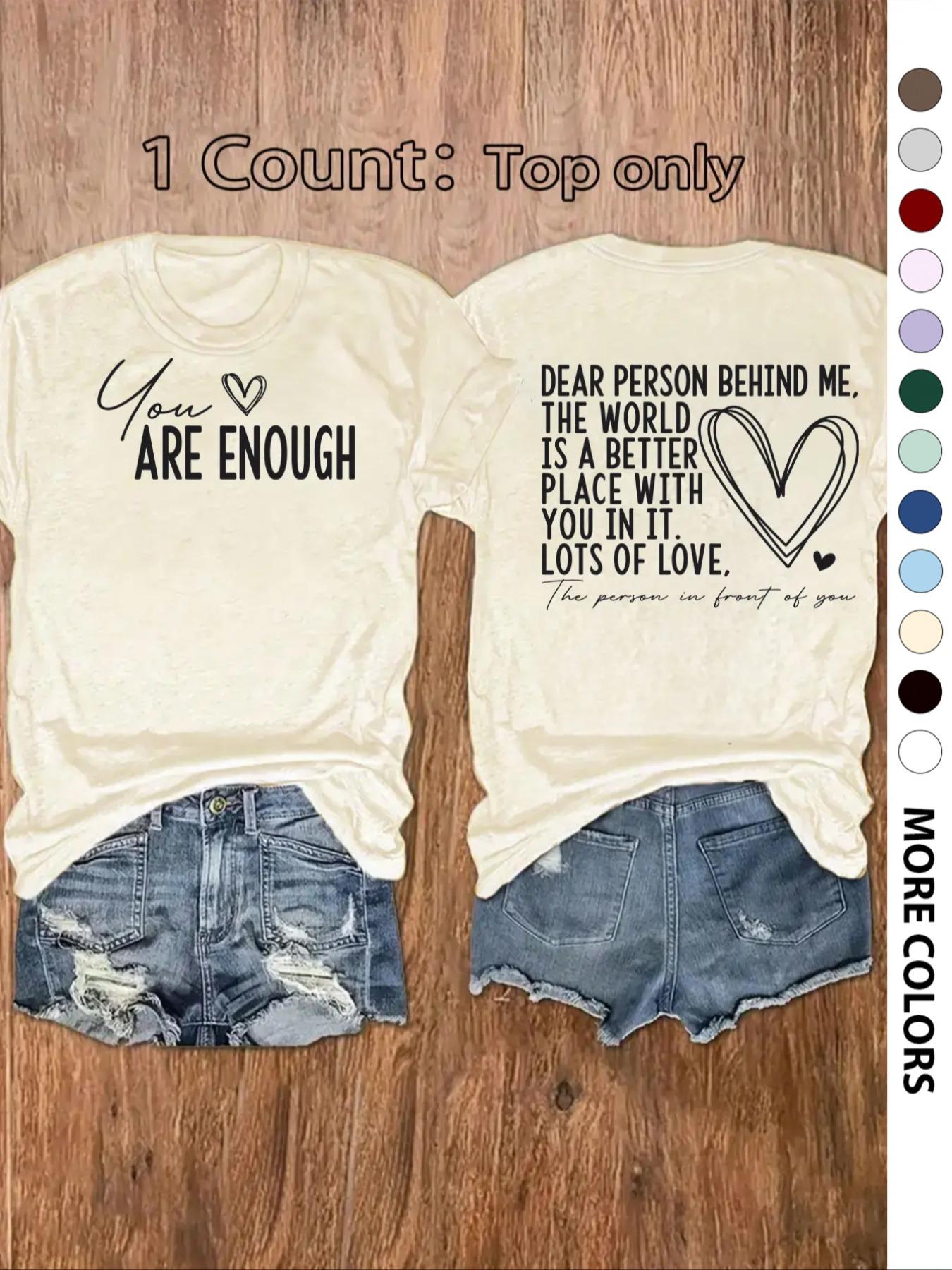 Women's Slogan Graphic Round Neck Tee, Fashion Casual Heart Print Crew Neck T-Shirt for Daily Holiday Vacation Outdoor Wear, Ladies Clothes for All Seasons