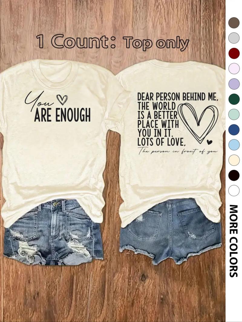 Women's Slogan Graphic Round Neck Tee, Fashion Casual Heart Print Crew Neck T-Shirt for Daily Holiday Vacation Outdoor Wear, Ladies Clothes for All Seasons