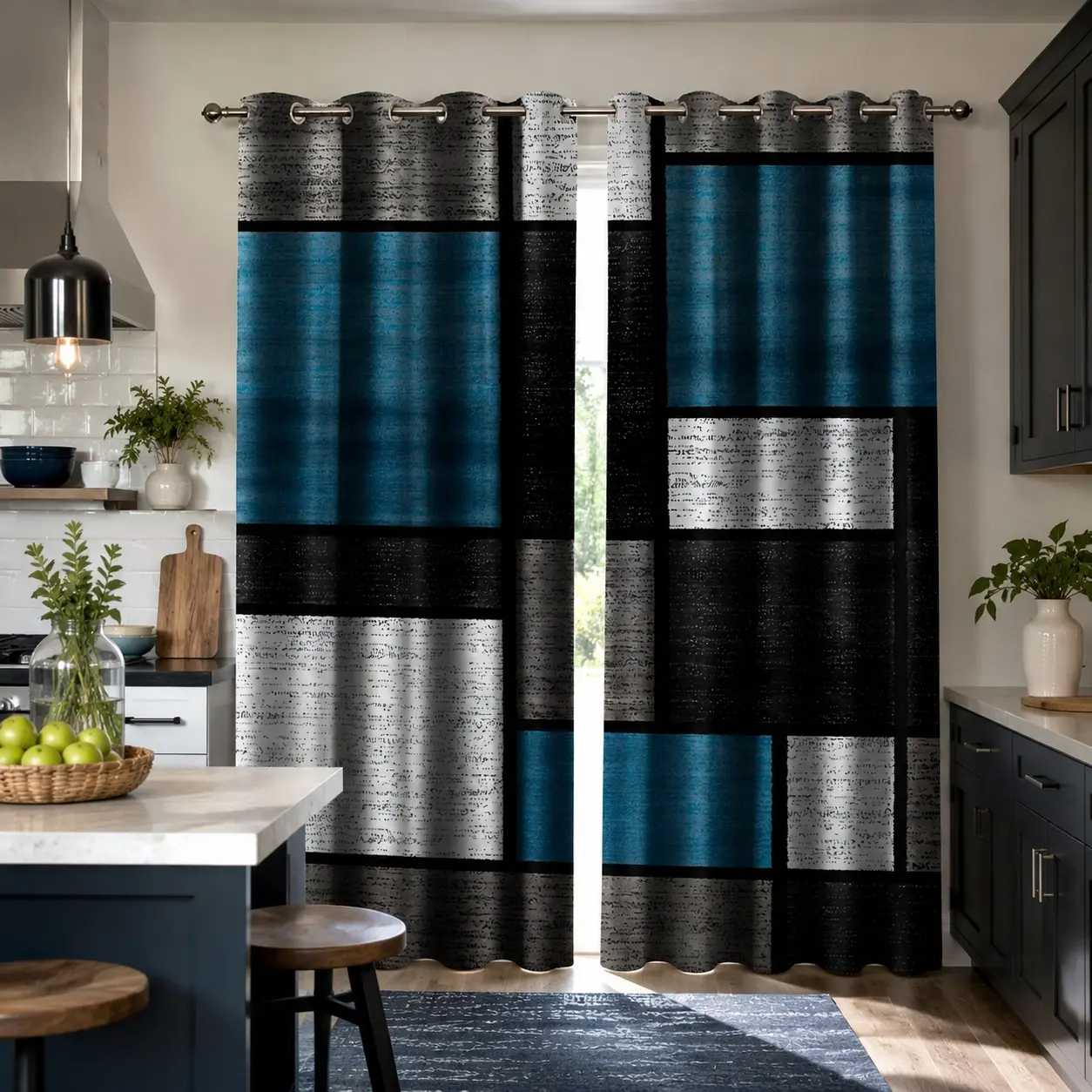 Geometric Soft Semi-Sheer Polyester Blue Teal Plaid Grommet Top Curtains - Durable, Dustproof, Fade-Resistant, Machine-Wash, Digital Print Window Drapes for Living Room Home Decor