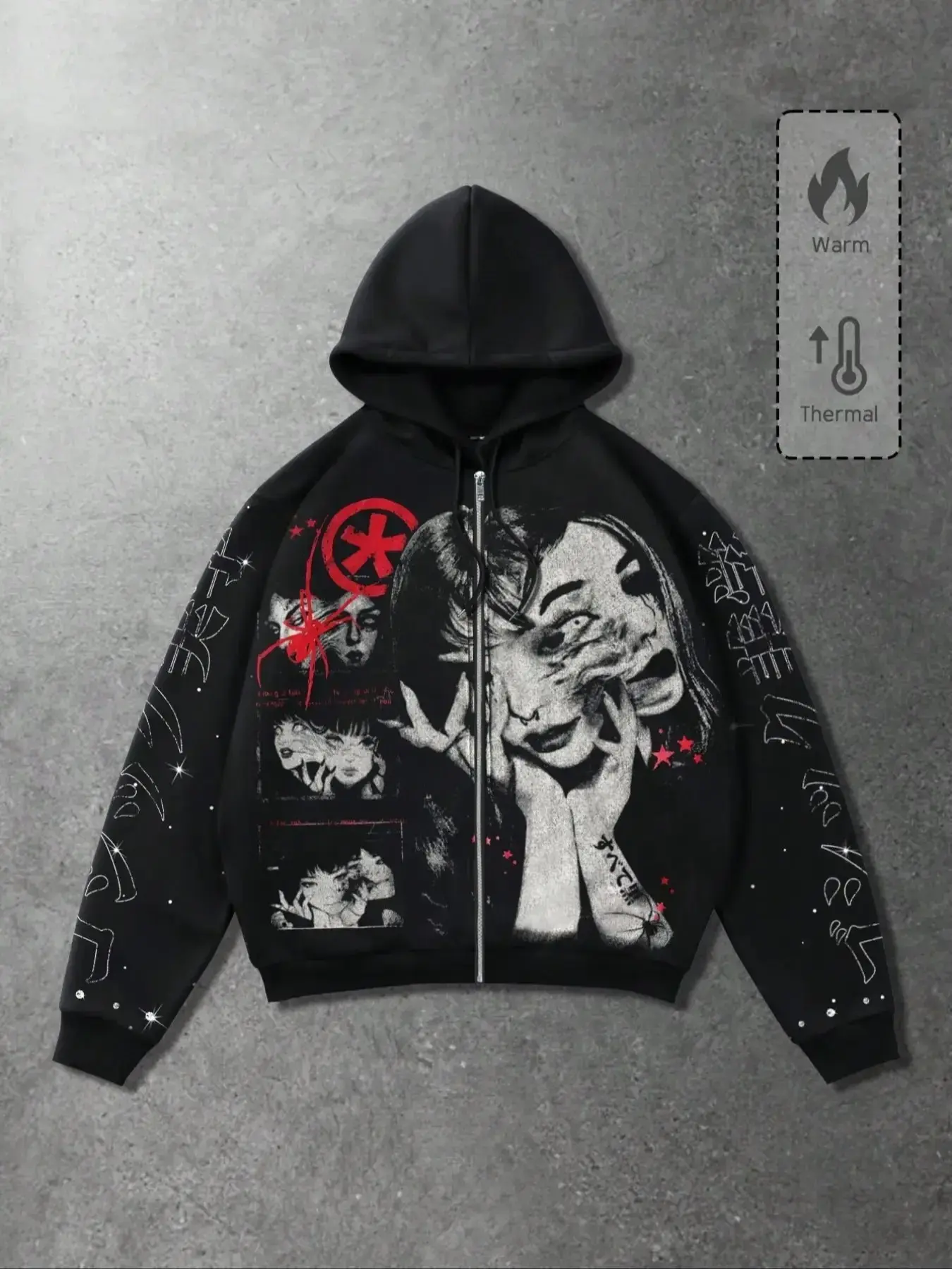 Gothic women's printed zipper cardigan hooded sweatshirt unisex Japanese double-sided women's trendy brand pattern hooded sweatshirt men's coat dark Y2K cardigan sweatshirt men's rock hip-hop street