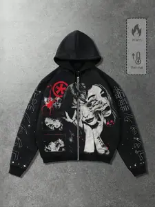 Gothic women's printed zipper cardigan hooded sweatshirt unisex Japanese double-sided women's trendy brand pattern hooded sweatshirt men's coat dark Y2K cardigan sweatshirt men's rock hip-hop street