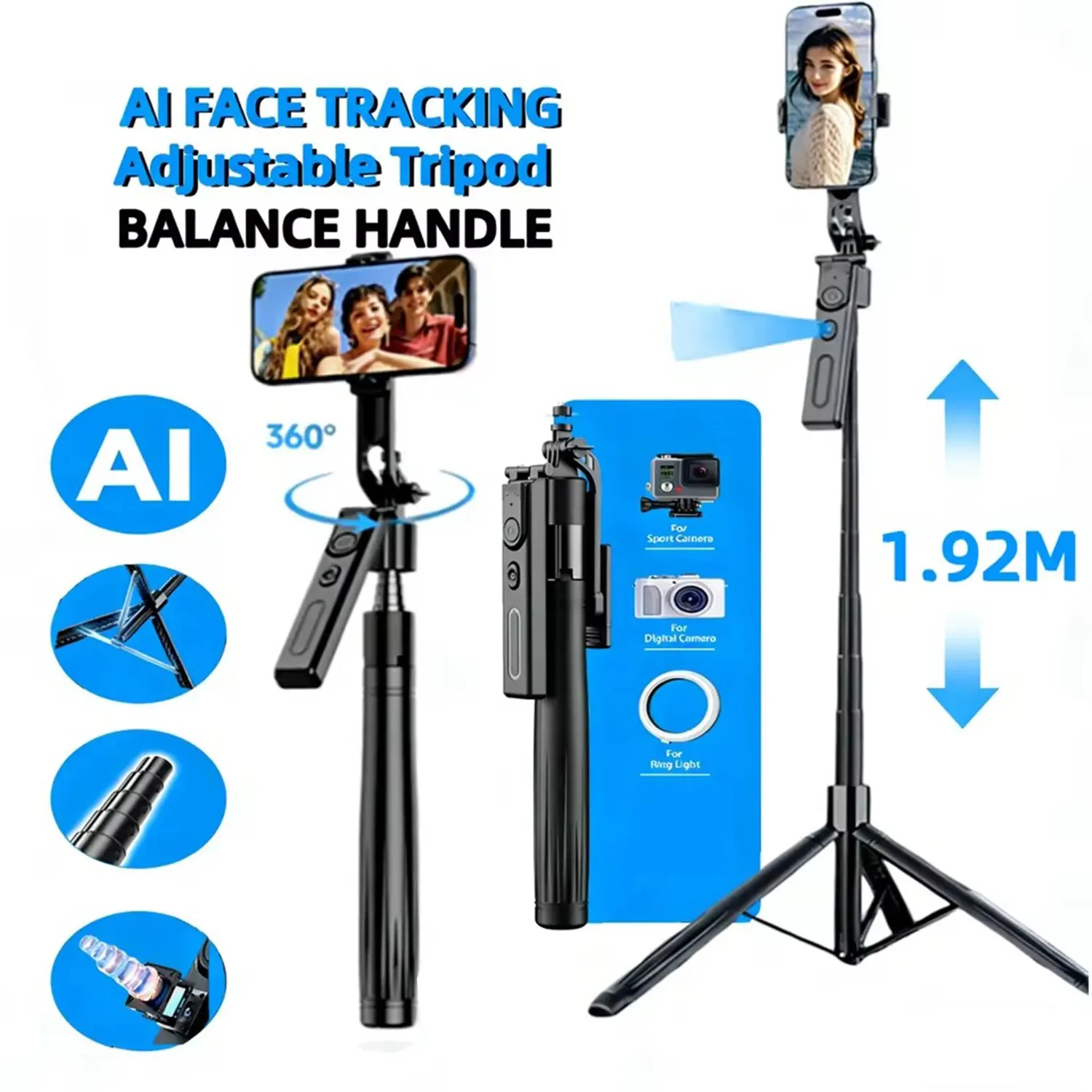 Automatic Face Tracking Extendable Tripod, 360 Rotating Tripod with Remote Control, Compact Selfie Stand Portable, Max Extension Up to 75.6 Inches