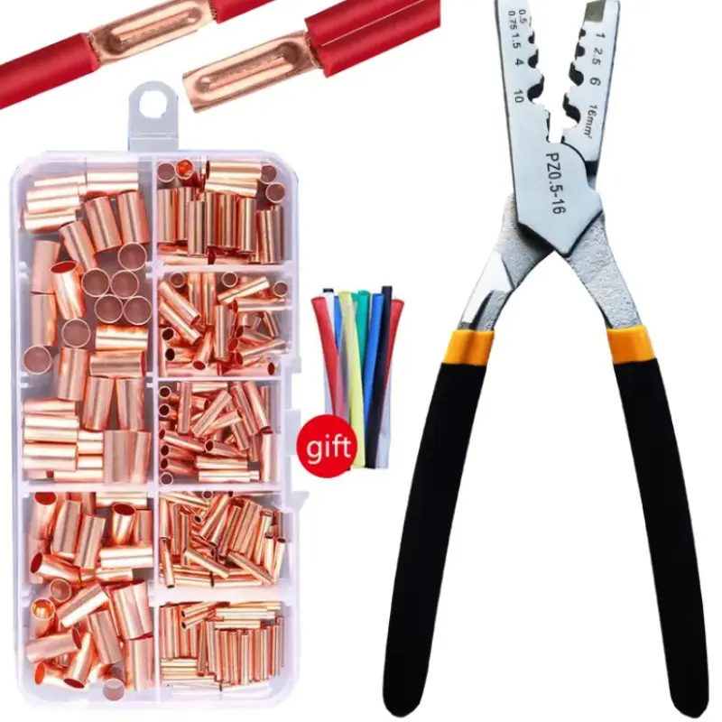 250 Pieces Gt Copper Connection Tube Wire Connector Set, Small Copper Tube Terminals, Cable Wiring Clips, Crimping Pliers Included