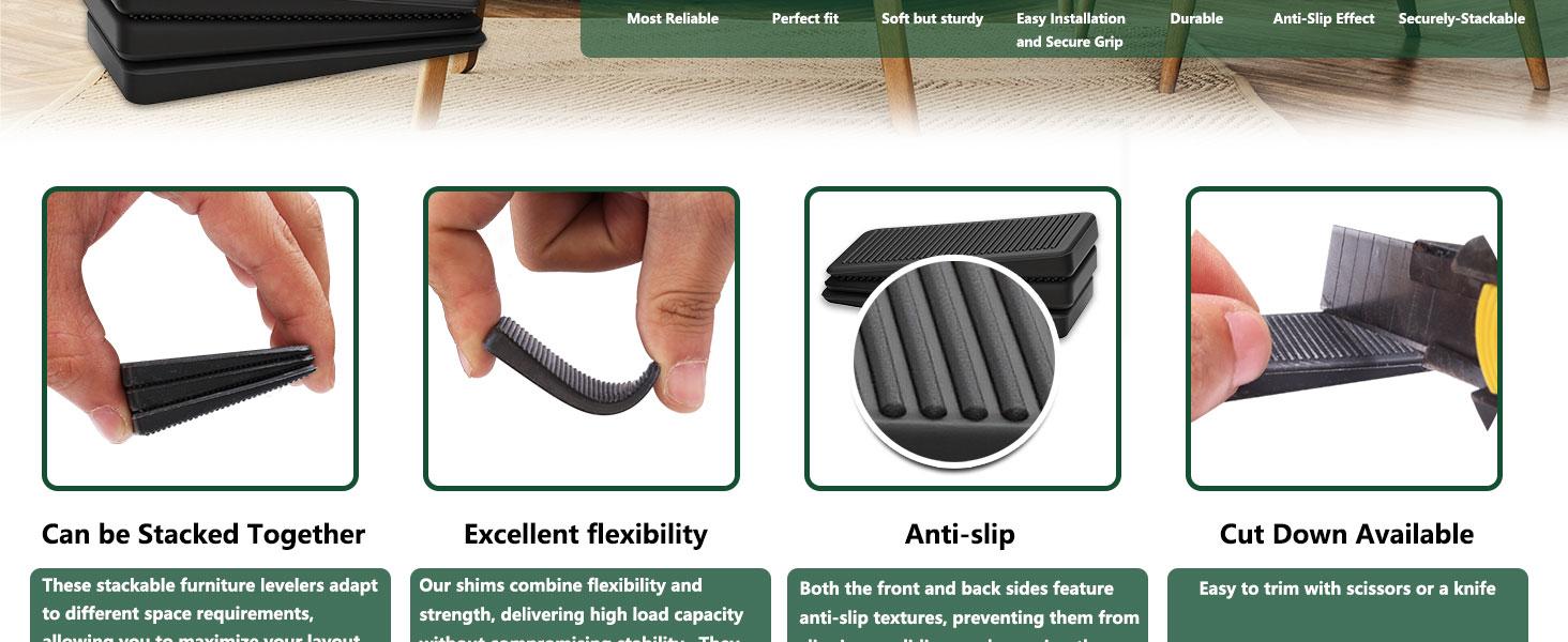 Furniture Levelers, Flexible Plastic Shims Furniture Leveling Wedge Shims Anti-Wobble Pad for Chair Table Couch Bed Toilet for Home Improvement (Black, 20 Pack)