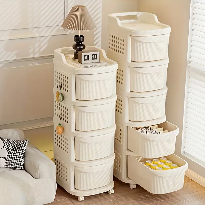 LDQ 2-5-Tier Rolling Storage Cart with Drawers, 4-Wheel Sturdy Bulk Organizer (20-25 Kg Capacity), Easy to Move Countertop Storage for Home Utility Room, Kitchen Household Products, Office (Holds Snacks & Small Items)