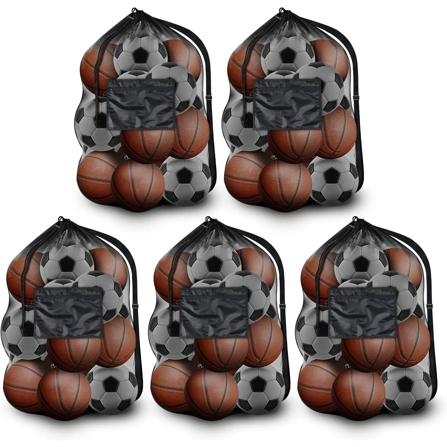 BROTOU 5PCS Extra Large Mesh Sports Ball Bags - Soccer Ball Bag Drawstring Bags with Shoulder Strap for Basketball, Volleyball, Swimming Gear