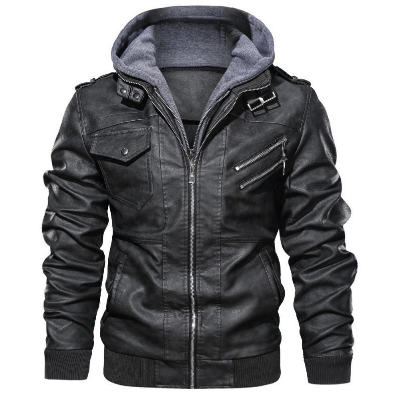 Men Brown Leather Motorcycle Jacket with Removable Hood Hoodie Casual