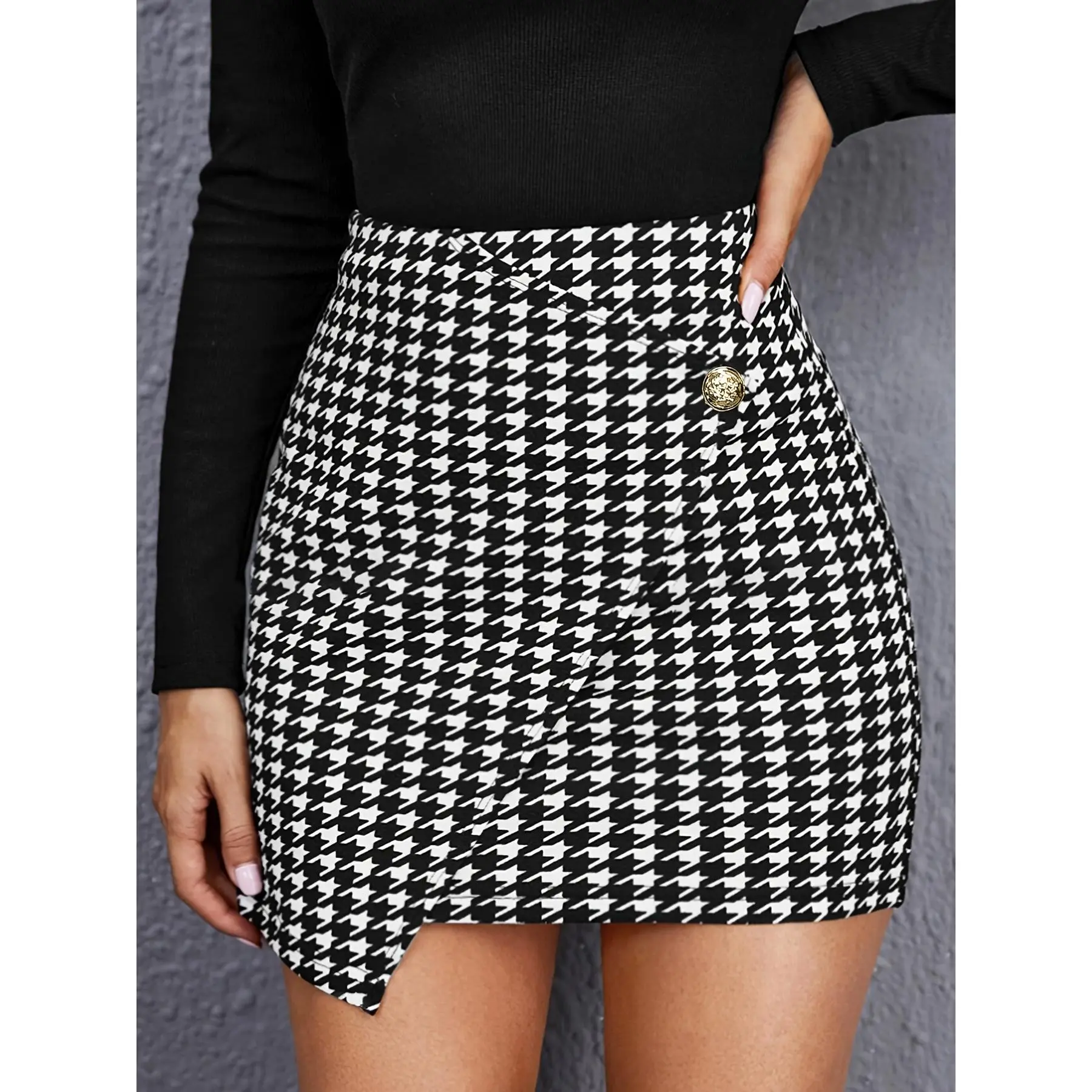Women Elegant Daily Houndstooth Skirt, Irregular Hem With Side Buttons And Zipper, Fashion Casual Versatile Midi Bottom For Office Daily Outfit