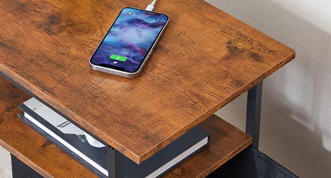 End Table with Charging Station, Narrow Side Table, Nightstand with 2 Non-Woven Drawers, Slim Sofa Side Table, for Small Spaces, Living Room, Bedroom, Rustic Brown and Black