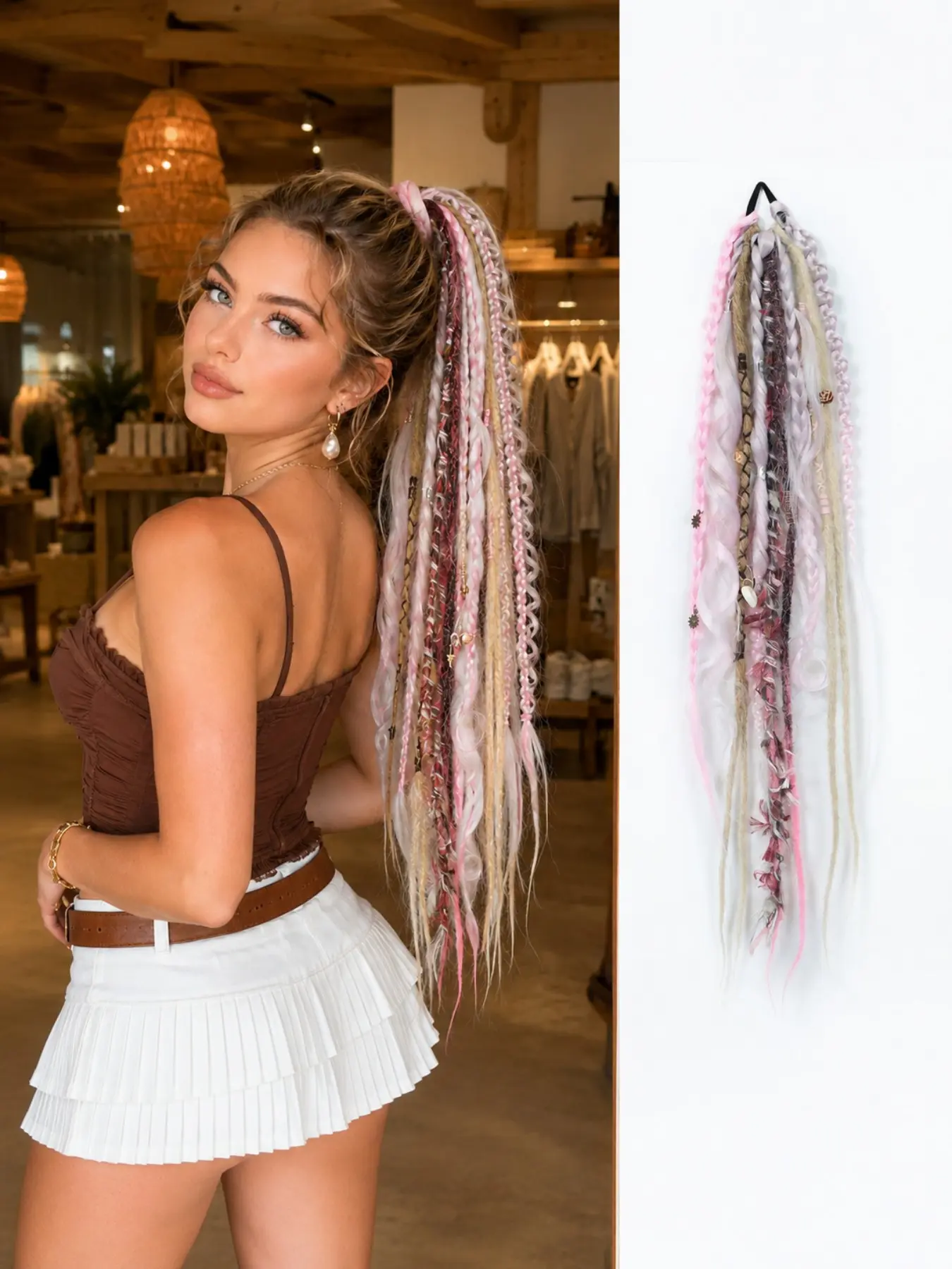 Boho Dreadlock Hair Extensions Braided Ponytails 24 Inch Light Brown 1 PCS