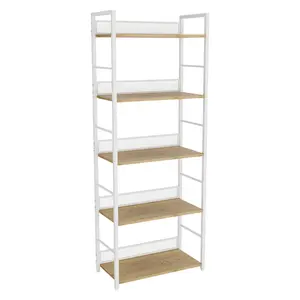 5-Tier Industrial Tall Narrow Bookshelf, Matte Black Metal & Natural Wood Open Storage Rack for Books Plants Home Office