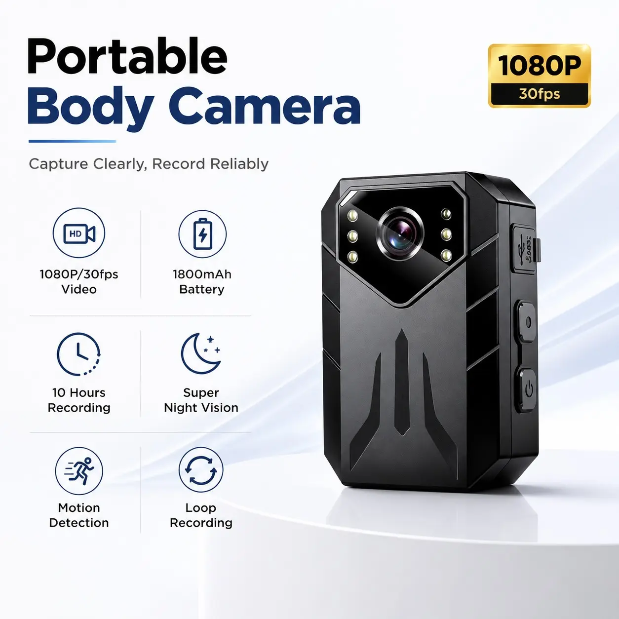 1080P Wearable Body Camera, Hands-Free Police Camcorder, Panoramic Night Vision, 1800mah Battery, Dvr Loop Recording, Ideal for Vlogging, Cycling, Travel