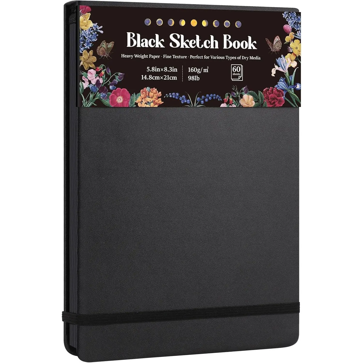 Black Paper Drawing Sketchbook Pad, 5.8×8.3 in, 50 Sheets, 160gsm 98Lb Heavyweight Acid-Free Paper, Top Spiral-Off Bound Lay-Flat Office Stationery for Pencils, Chalk