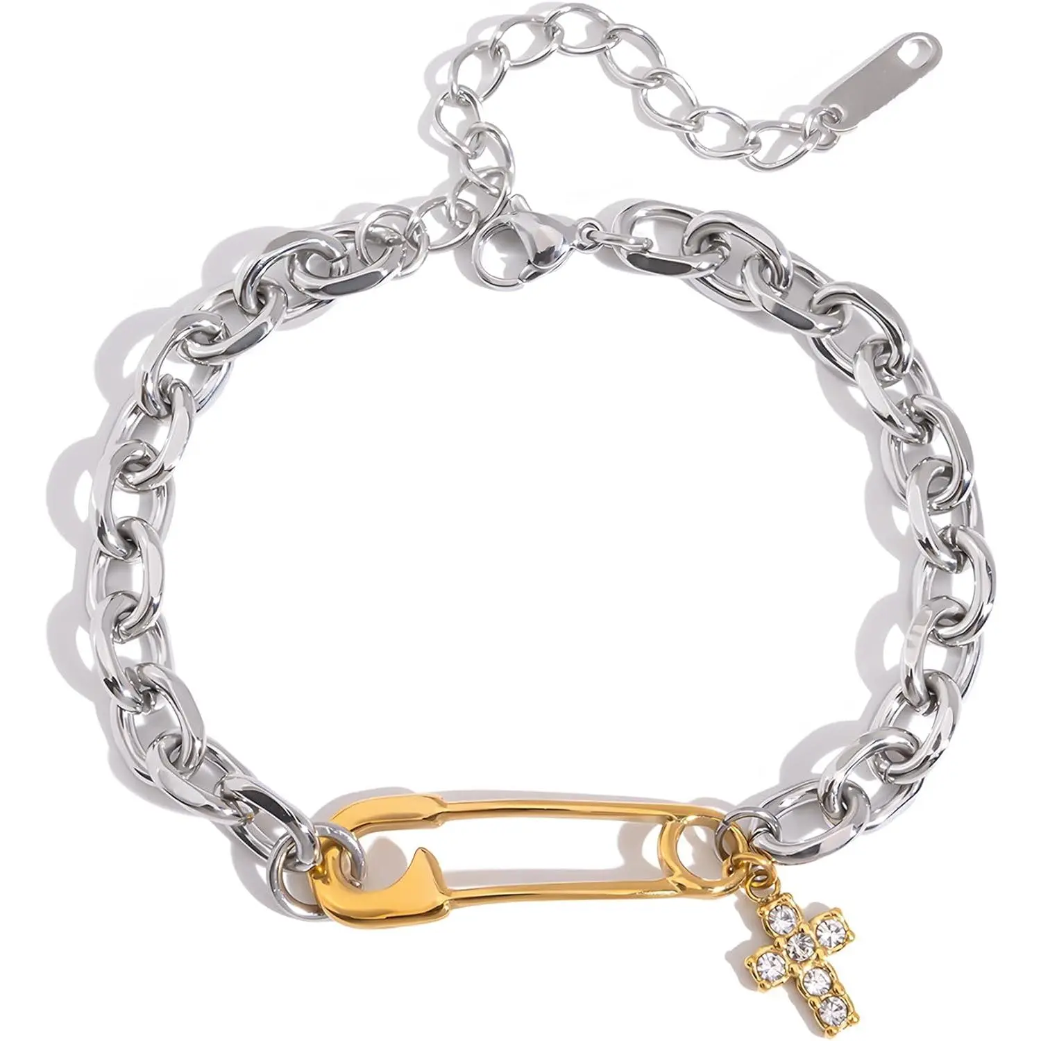 Two Tone Safety Pin Bracelet Minimalist Link Chain Bracelets for Women  Metal
