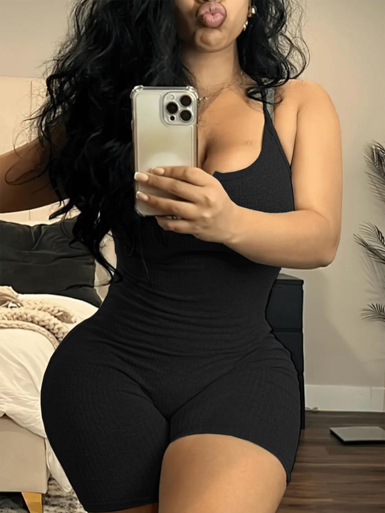 Women's Solid Color / Heart Print Notched Neck Cami Ribbed Romper, Casual Basic Spaghetti Strap Sleeveless High Waist Skinny Romper for Summer, Ladies Clothes for Daily Wear