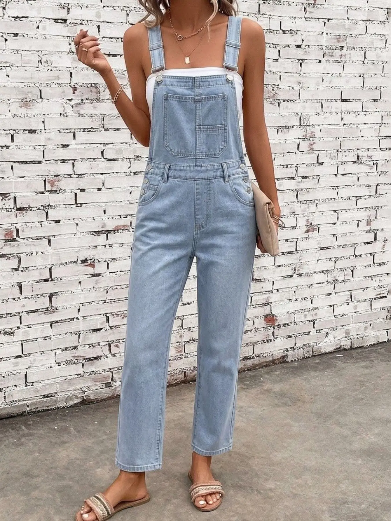 Lkuily Light Wash Adjustable X Cross Back Denim Overalls, Side Buttons Straight Cuffed Hem Vintage Workwear Multi-Pocket Age-Reducing Denim Jumpsuit For Women