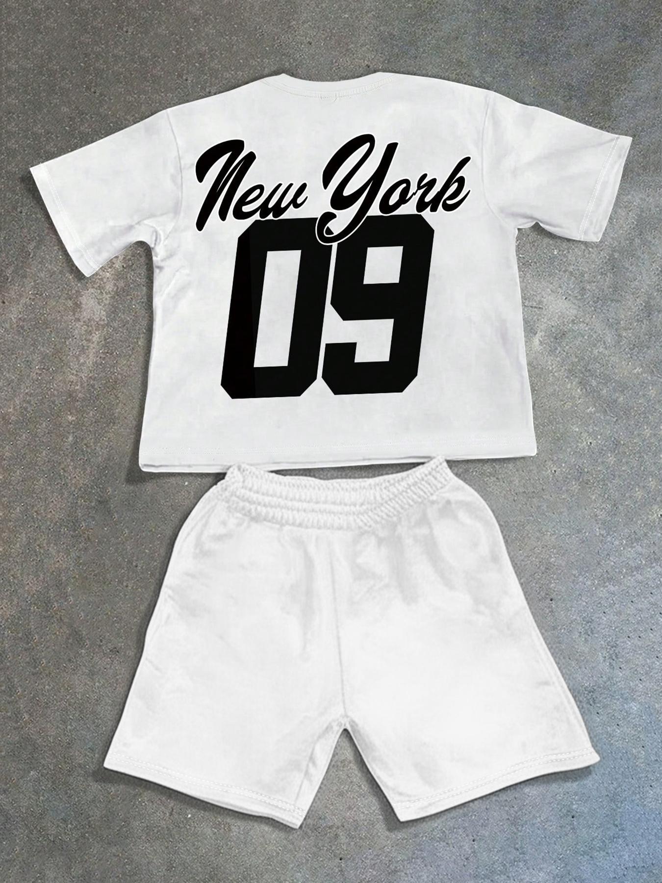 Men's Statue Of Liberty & Letter Print Short Sleeve Tee & Shorts Two-piece Set, Regular Fit Casual Round Neck T-shirt & Track Shorts, Men's Summer Clothes