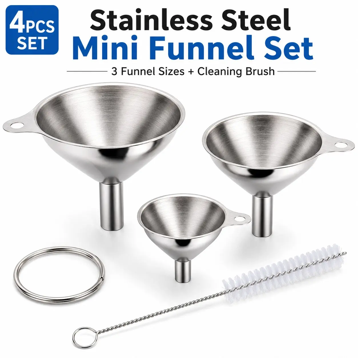 4-Piece Mini Stainless Steel Funnel Set, Includes Cleaning Brush and Storage Ring, Portable Metal Funnel for Essential Oils, Oil Vinegar Bottles, Kitchen Use