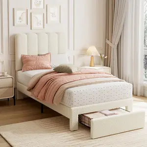 Twin Boucle Upholstered Bed Frame w/ Storage Drawer & Headboard Twin Platform Bed Frame for Girls – Strong Wooden Slats Support – Noise‑Free – Easy Assembly