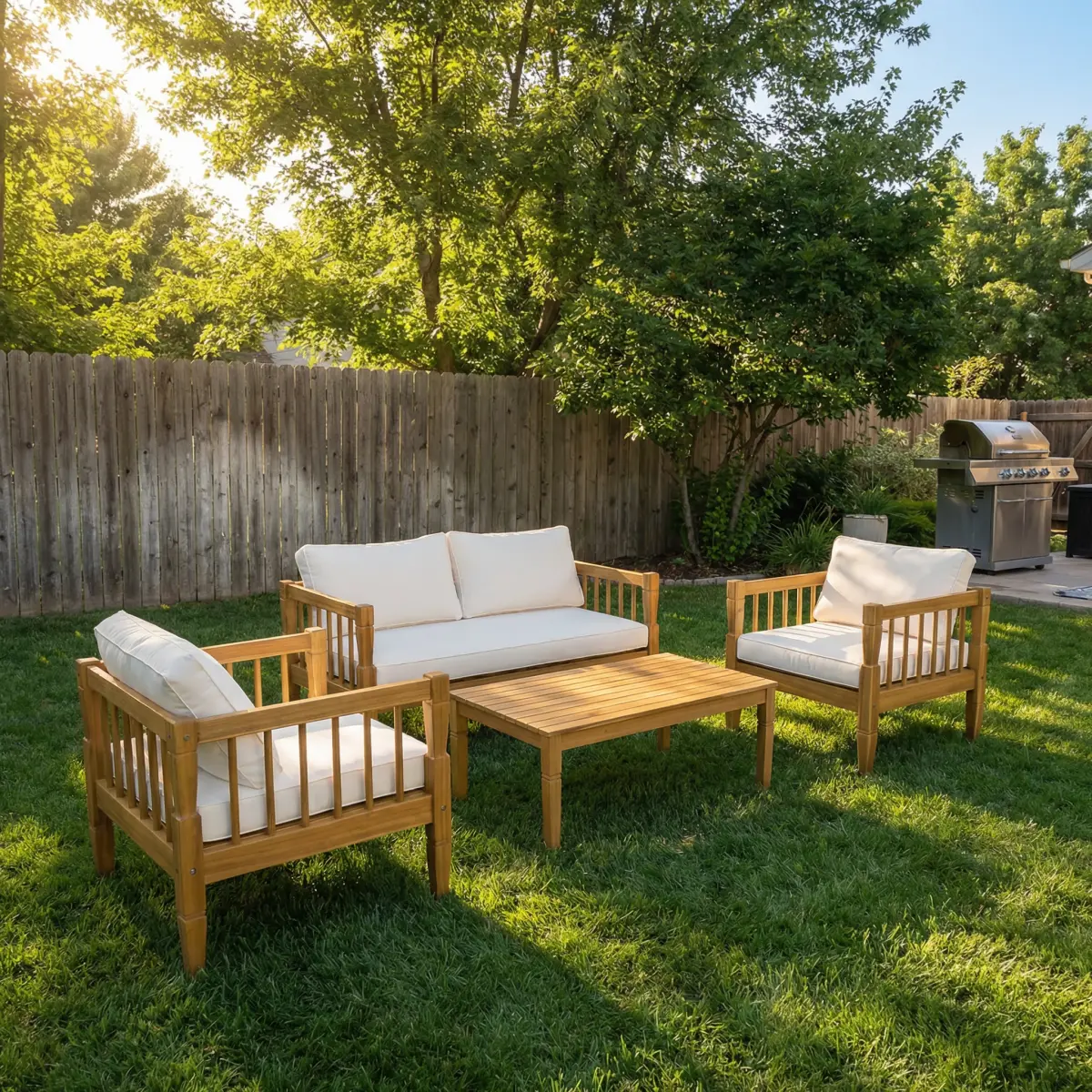 Aobtkel Christopher Knight Home 4-Piece Concrete Acacia Wood Classic Patio Furniture Set - Sturdy, Family-Friendly Outdoor Deep Seating Conversation Set with Waterproof Thick Cushions, Teak Finish Coffee Table for Front Porch, Backyard Parties, Outdoor Fu