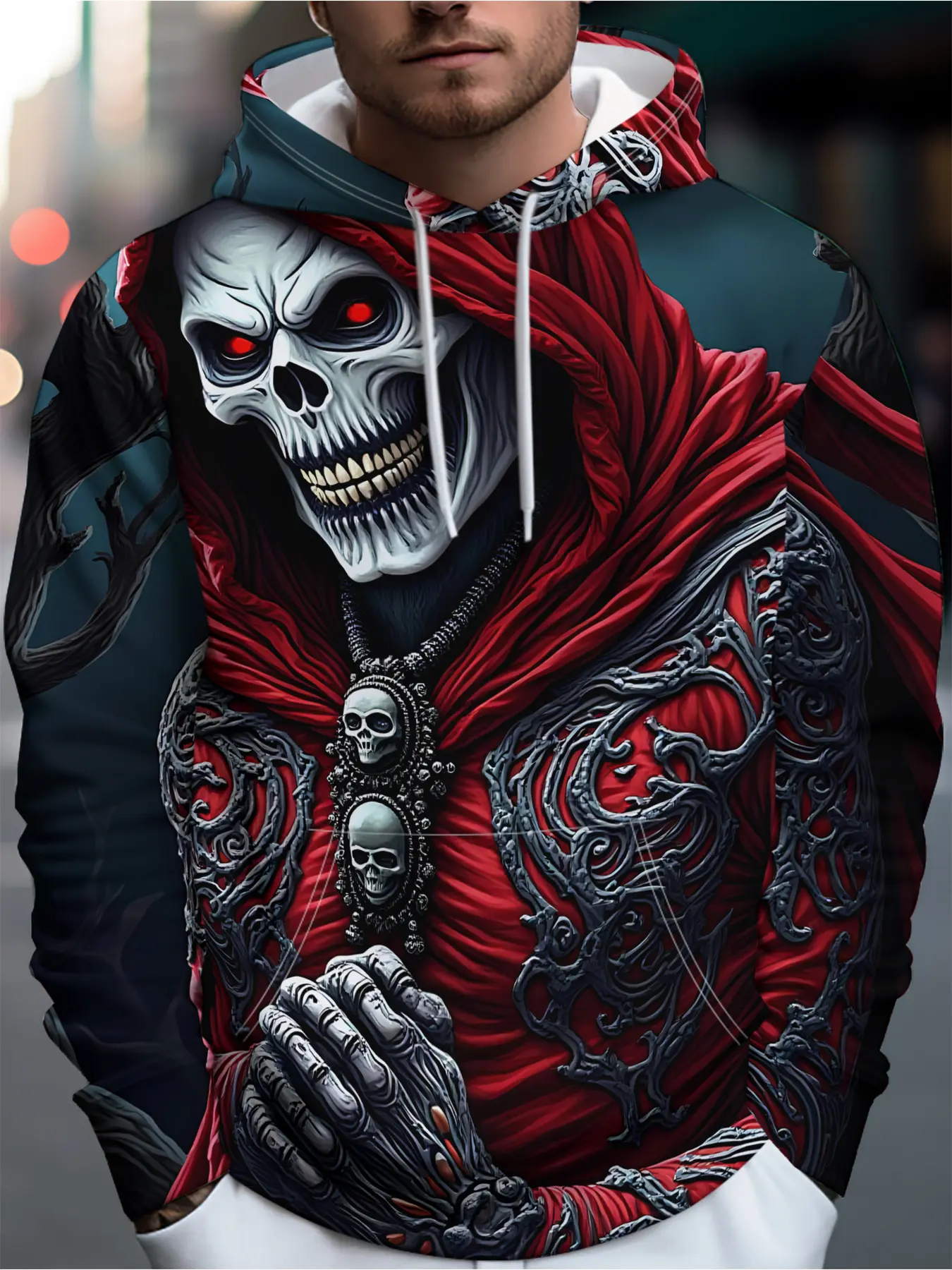 Unlock A New Paradigm For Men'S Streetwear Style: A Moonlit Withered Forest Scene Featuring A Red-Robed Skeleton With Silvery Patterns And Bloodshot Eyes, Exuding An Eerie Yet Trendy Vibe. This Pullover Hoodie Is Fully Covered In Diverse Artistic