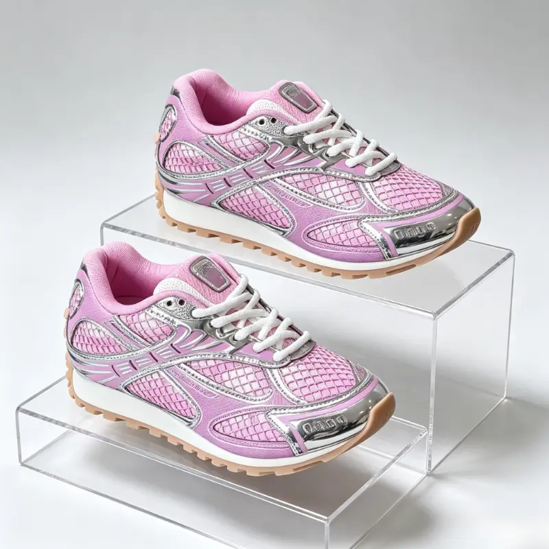 Unisex Retro Mesh Running Sneakers, Pink Metallic Panel Lace Up Shoes, Breathable Non-Slip Gum Sole Vintage Daily Walking Athletic Trainers