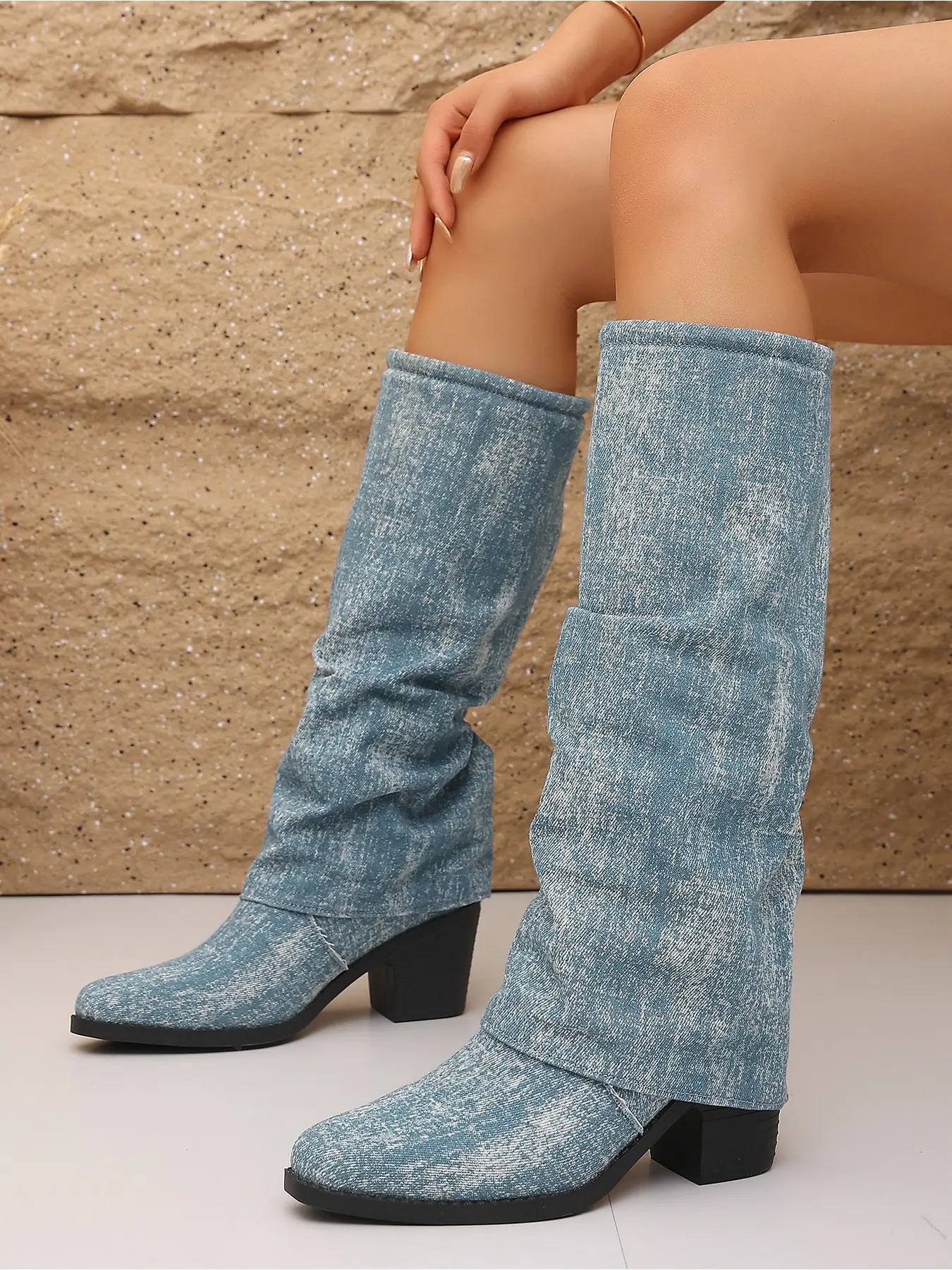 Women's Vintage Washed Denim Slouch Knee High Boots, Fold Over Cuff Pointed Toe Block Heel Western Cowboy Style Boots For Street Outfits