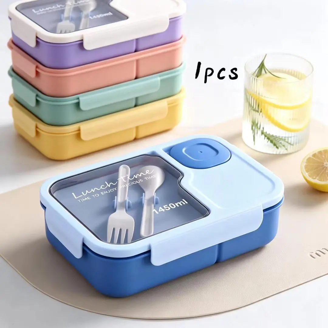 49oz Bento Snack Box for Adults and Kids, Reusable Lunch Container, Plastic Lunch Box with Fork Spoon, Lid and Sauce Cup Included, Food Storage Bowl