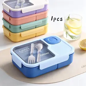 49oz Bento Snack Box for Adults and Kids, Reusable Lunch Container, Plastic Lunch Box with Fork Spoon, Lid and Sauce Cup Included, Food Storage Bowl