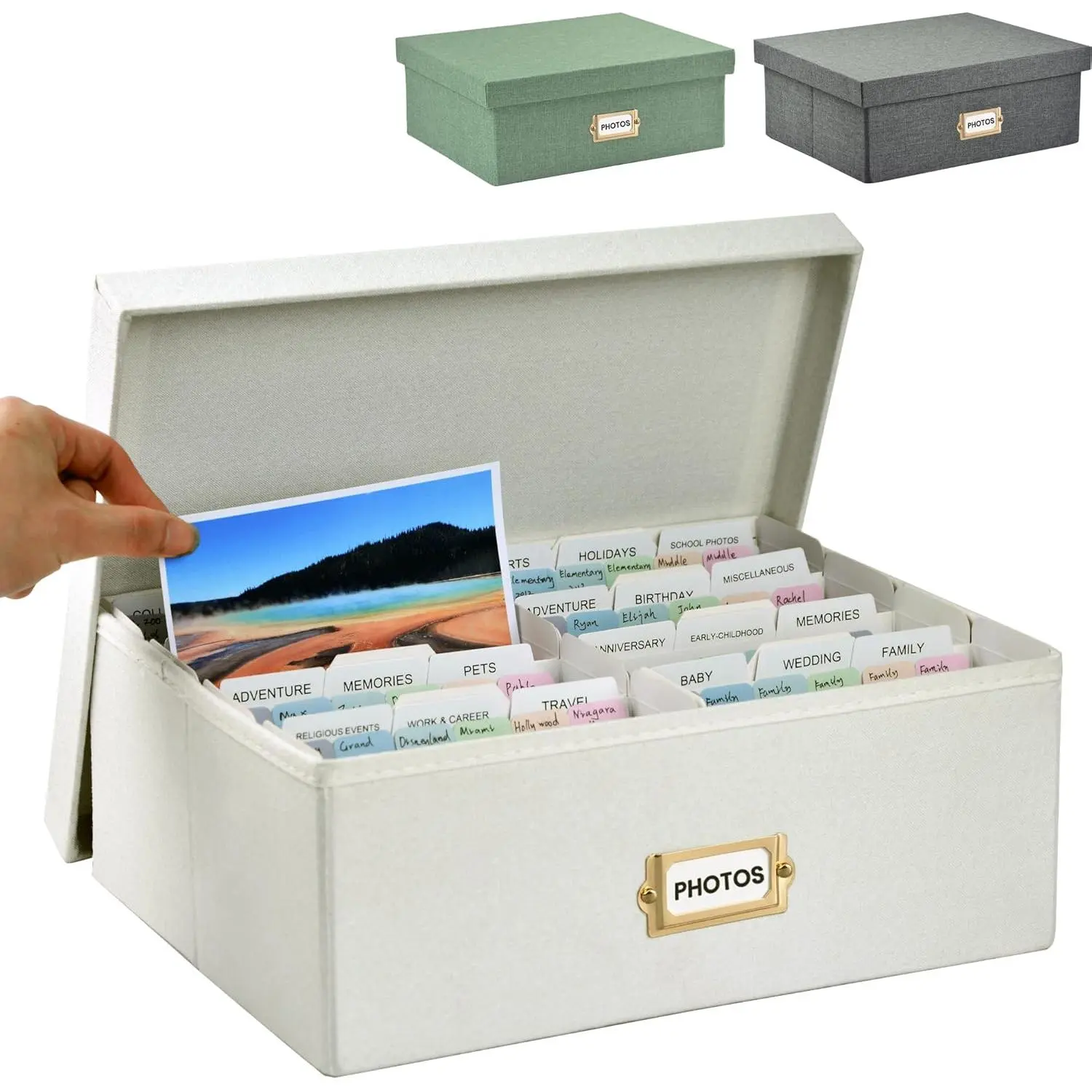 Modern Large Linen Fabric Decorative Photo Storage & Keepsakes Box with Dividers, Home Organizer for 4x6 Pictures (Holds 1700), Cards, Stamps & Scrapbook Supplies