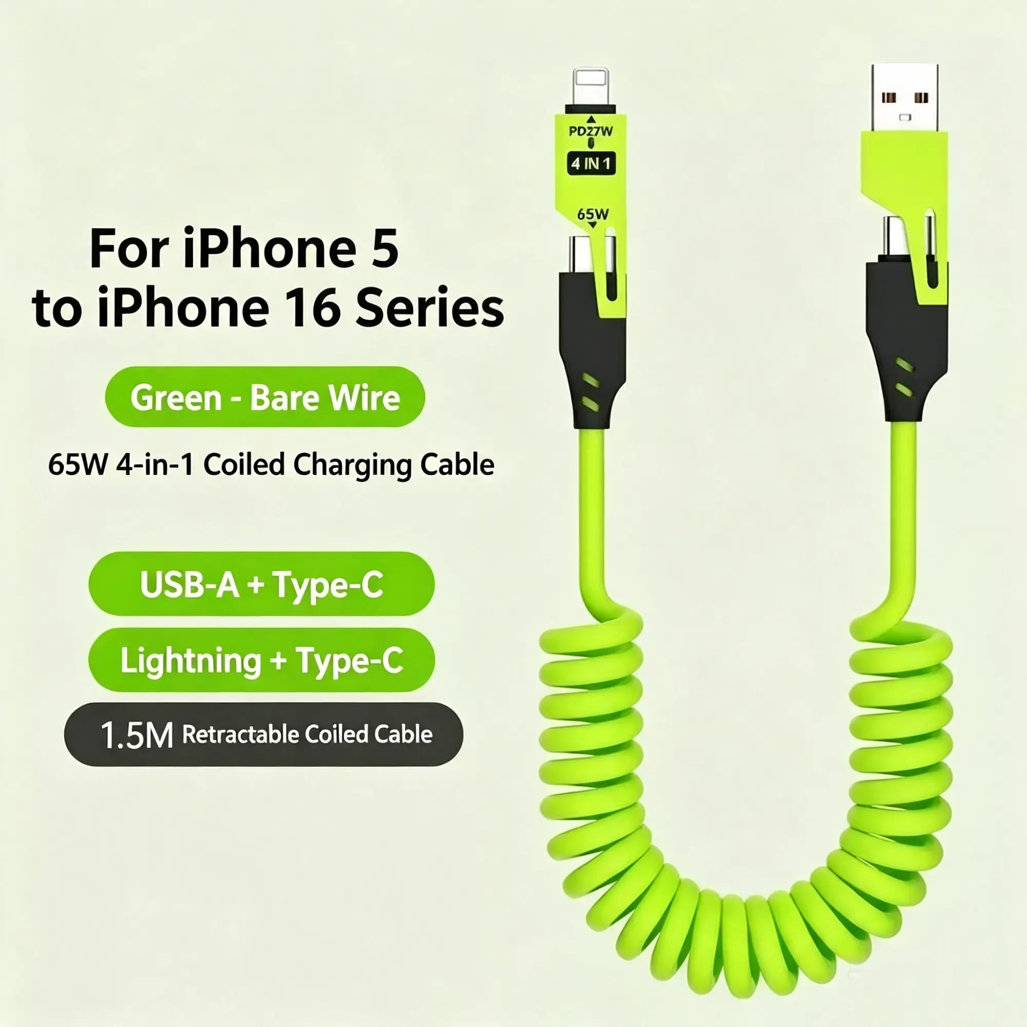 4-in-1 Spring Data Cable, 65W USB-C Multi-function Quick Charge Cord, Multi-device Charging Cable for Samsung Laptop, Android, Smartphone