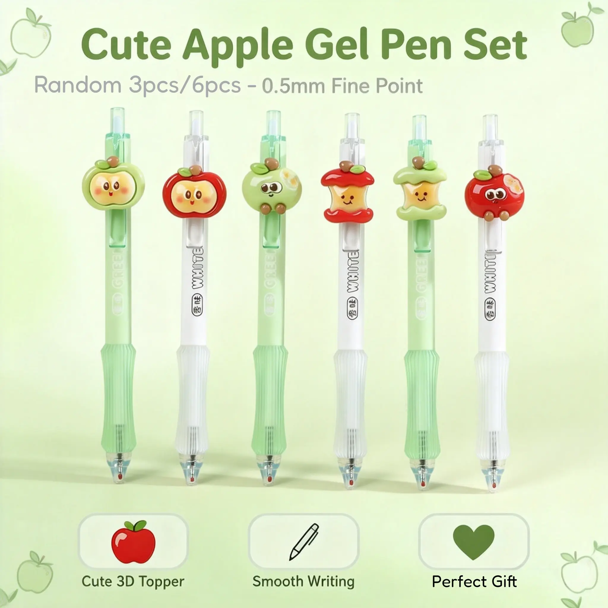Random 3/6pcs Cute Apple Gel Pens, Soft Grip & Anti-Slip, 0.5mm St Tip, Quick-Dry Smudge-Proof Ink, Ideal for Students, Notes, Exams, Scrapbooking, Journaling, Office Use