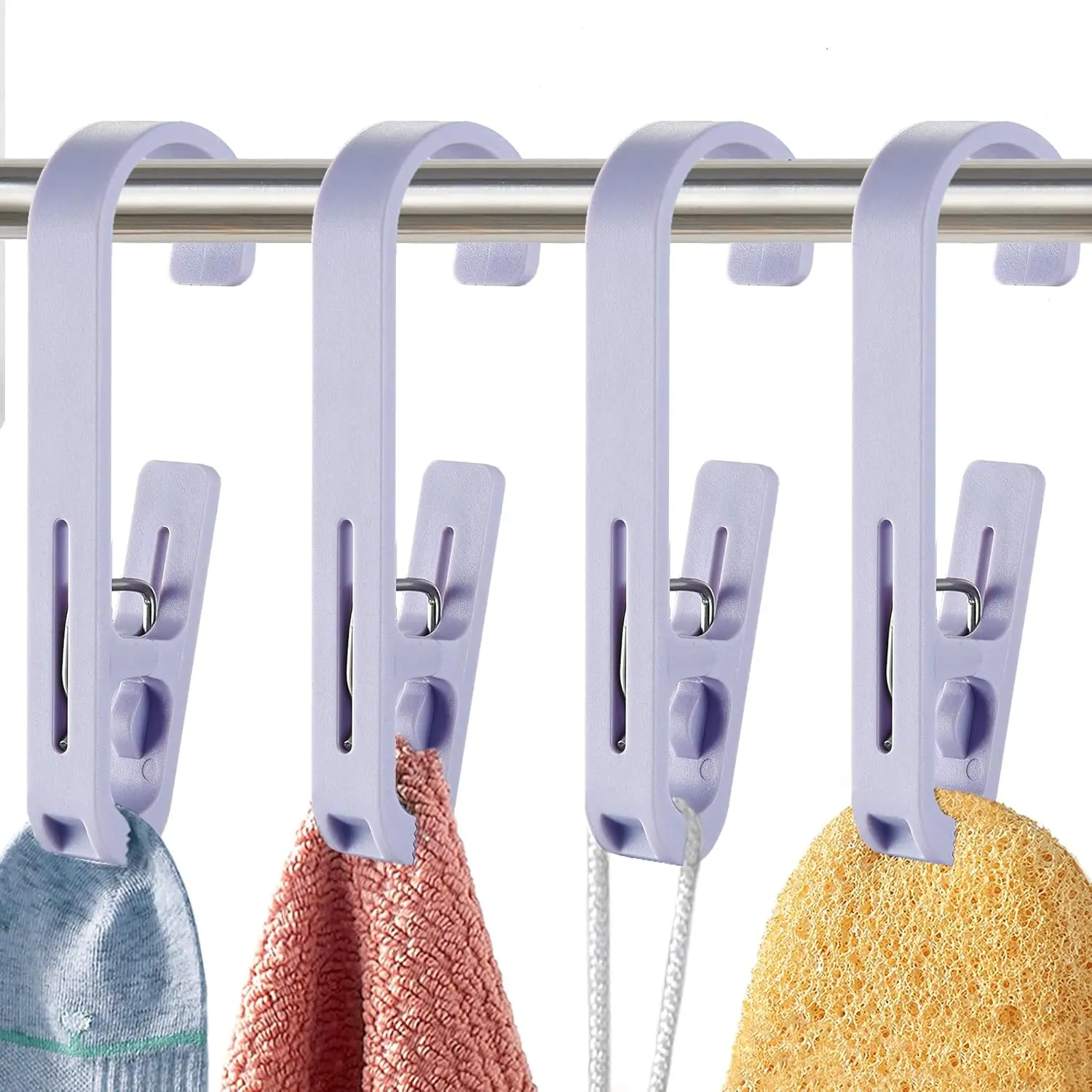 Laundry Hooks with Clips Hanger Closet Organizer Clamps Socks Boot Bras Towels for Bathroom Wardrobe Kitchen Office 4Pcs (Purple)