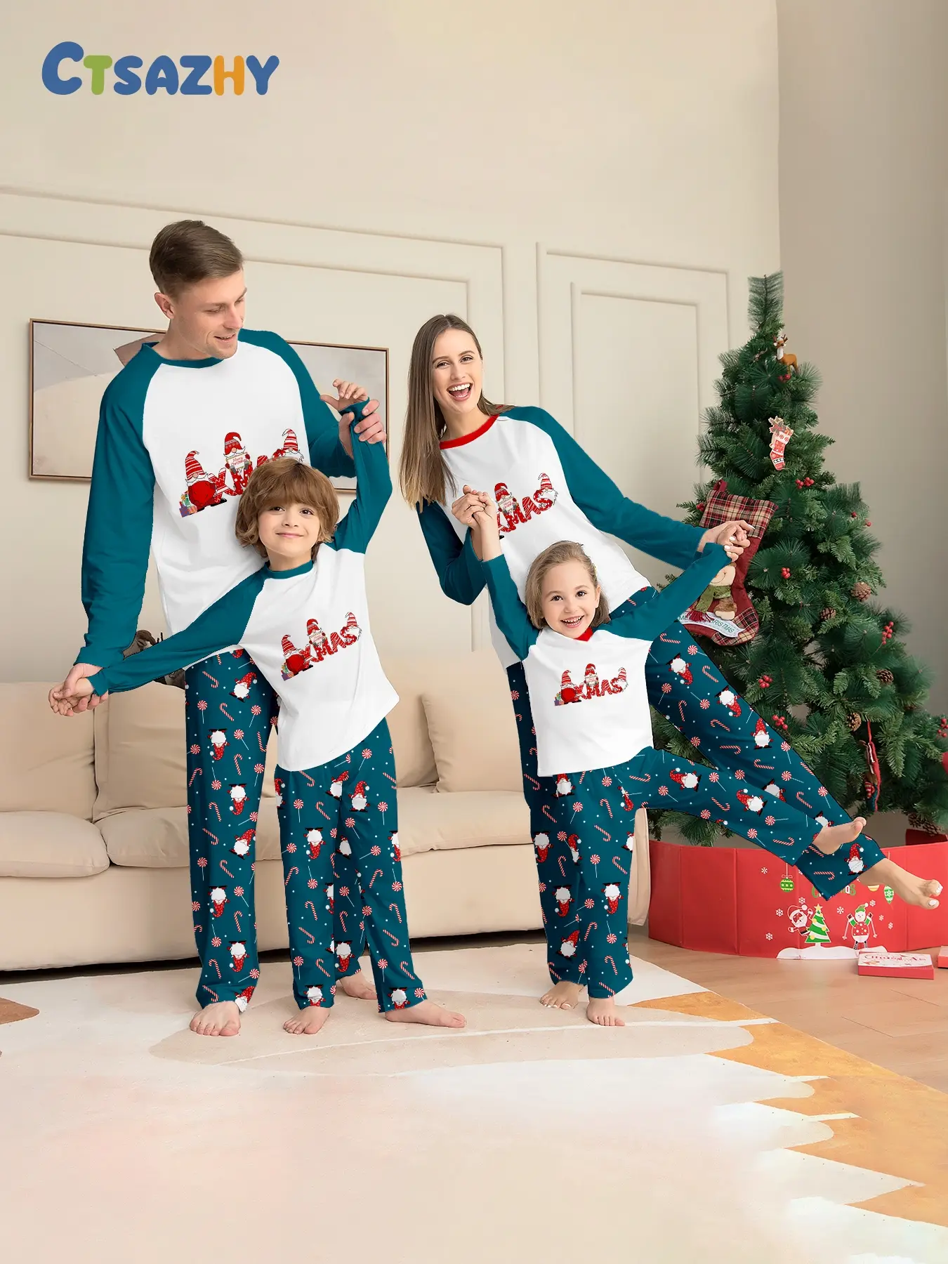 Christmas Red Black Plaid Raglan Matching Family Pajamas, Soft Color Block Loungewear for Adults, Kids, Couples & Family of 3/4