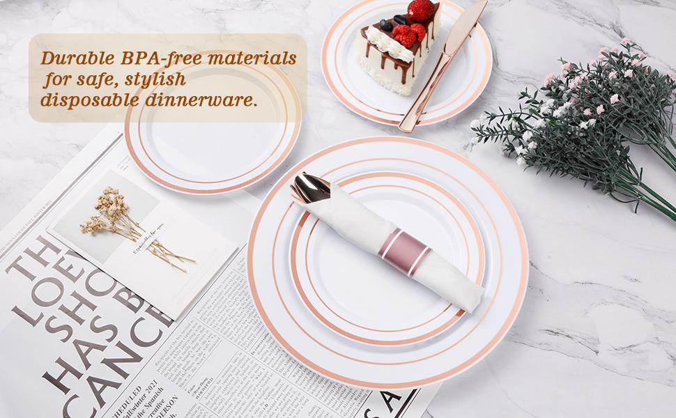 350PCS Rose Gold Plastic Plates & Silverware Set for 50 Guests – Includes 100 Plates, 50 Napkins with Rose Gold Cutlery & 50 Cups for Weddings, Anniversaries & Special Events Birthday Party Tray Mother's day Baby Showers Disposable