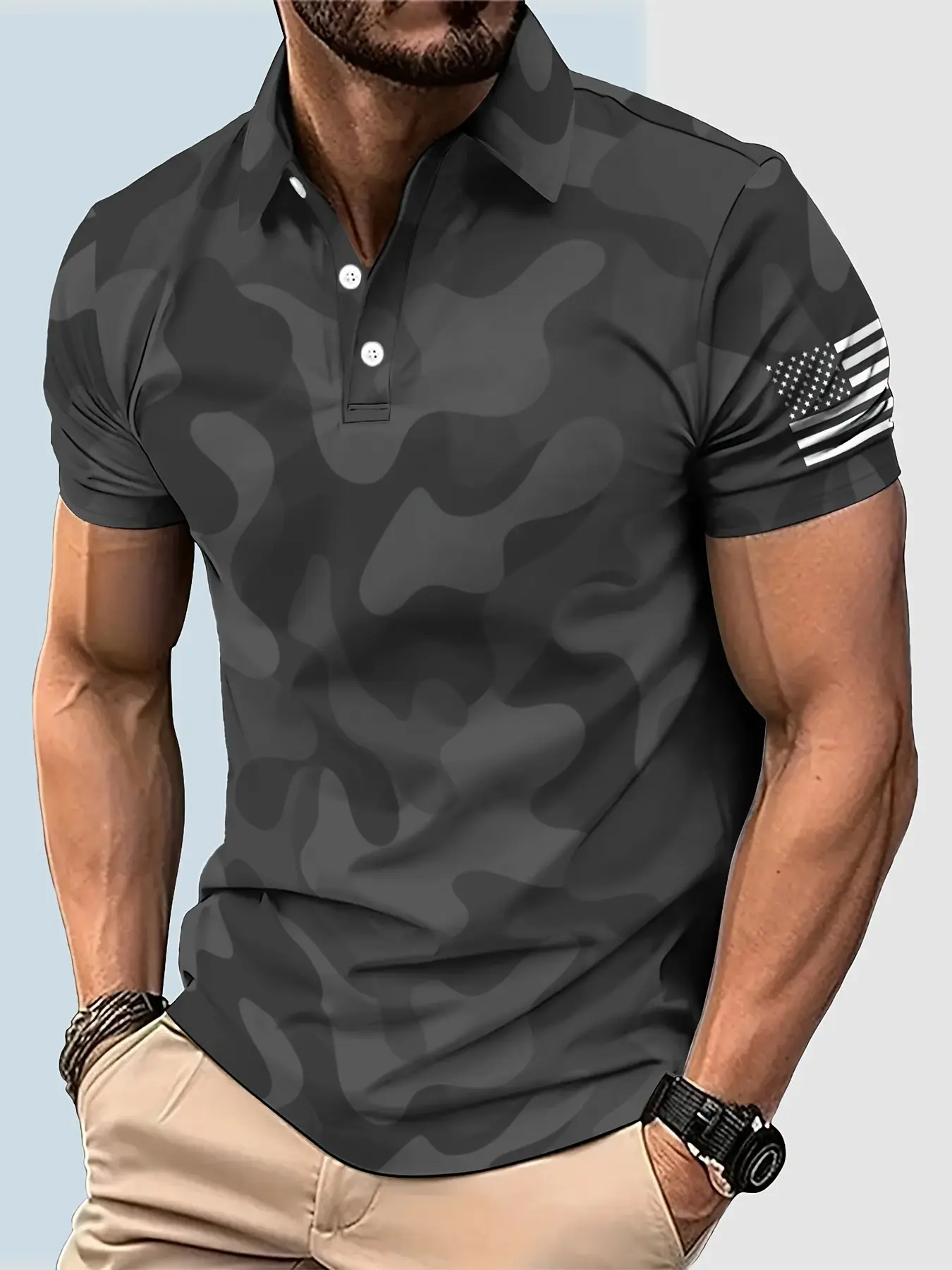 Men Multi Color Camo Short Sleeve Polo Shirt Monochrome Purple Camouflage Print Breathable Quick Dry Lapel Button Golf Outdoor Top With American Flag Sleeve Detail