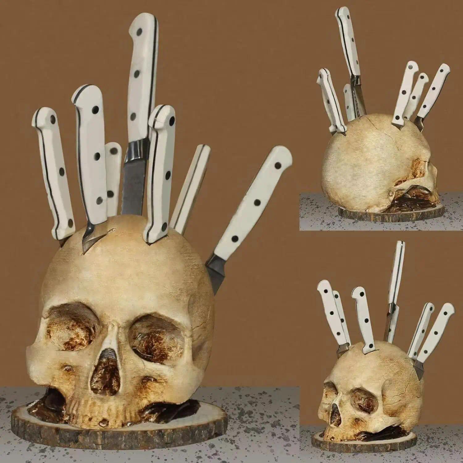 Skull Knife Holder for Kitchen Organizer Skeleton Knife Stand, Scary Party Camping Kitchen Accessories Storage Halloween Decor