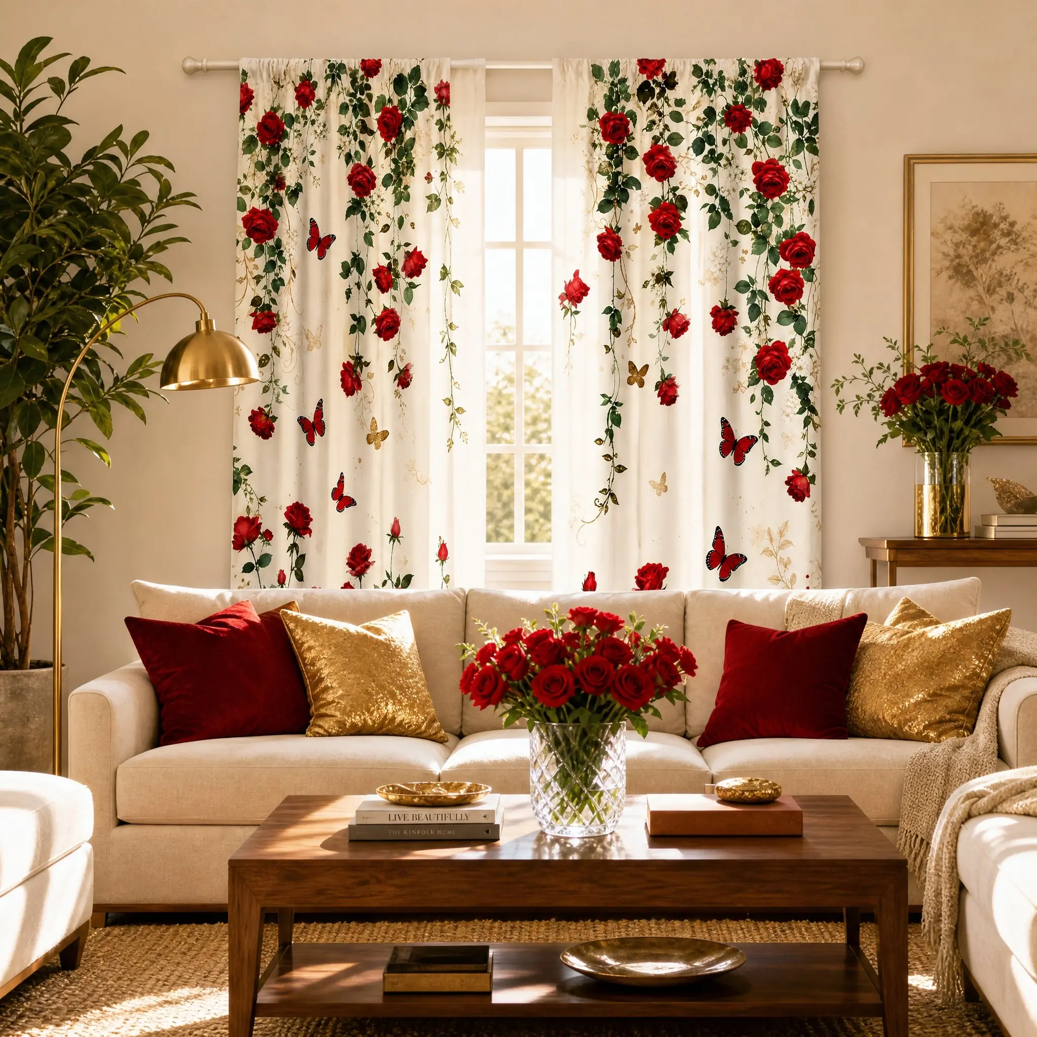 2-piece red rose butterfly vine print Valentine's Day themed curtains, suitable as a gift, machine washable and hand washable, hookless, suitable for living room, bedroom party and home decoration.