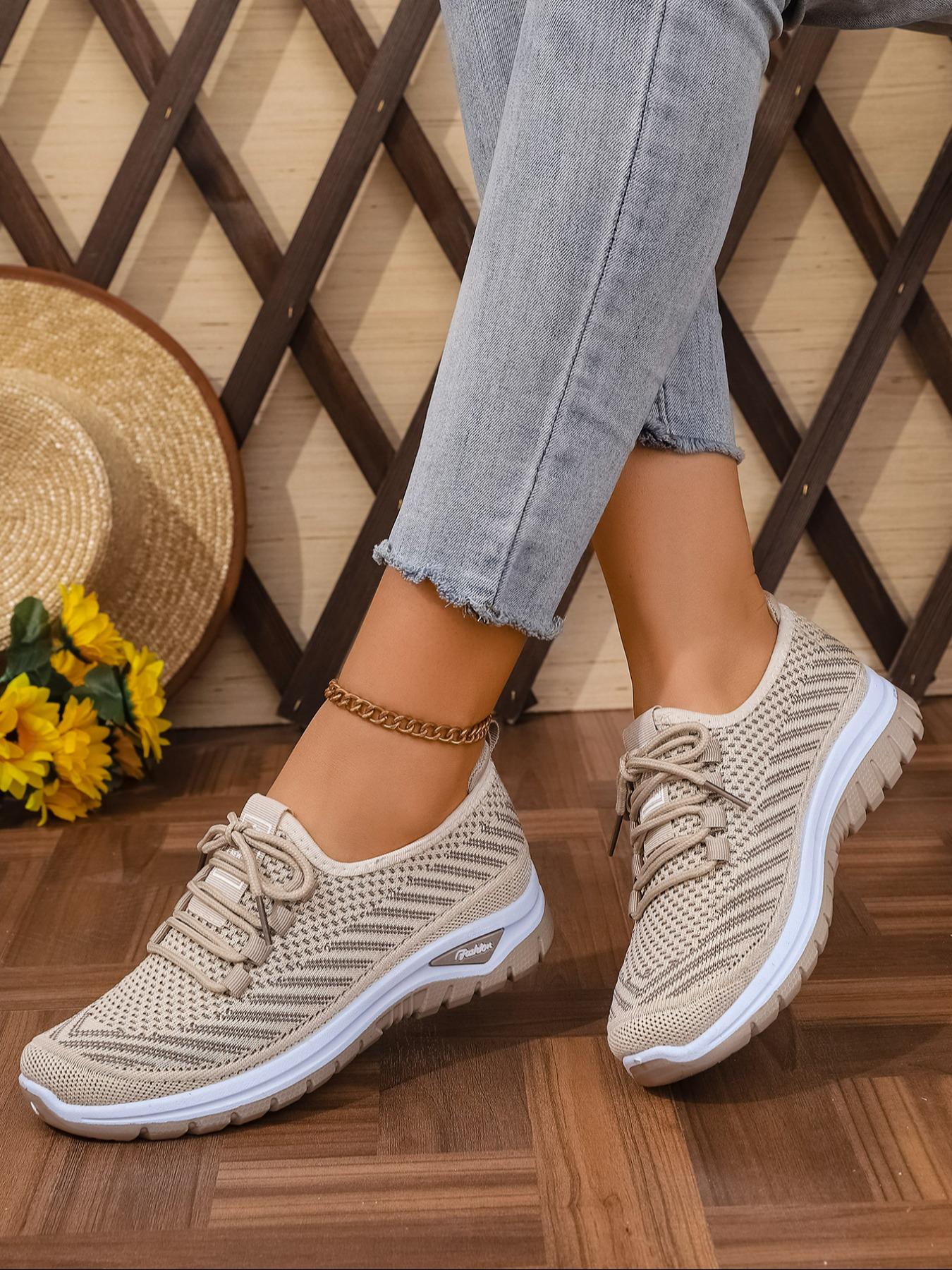 Women's Plus Size Casual Sneakers, Knitted Running Shoes, Lightweight Comfortable Travel Running Shoes, Low Top Anti-Slip Lace-Up Sports Shoes for Outdoor Activities