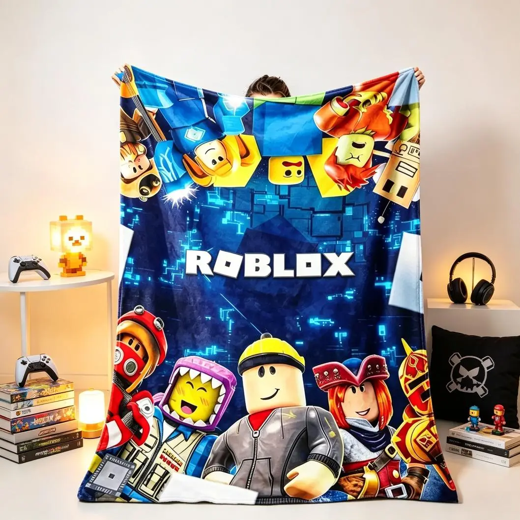 Pixel Block Game Flannel Throw Blanket, Neon City Character Art Print, Soft Cozy Lightweight Blanket for Kids Teens, Sofa Bed Gaming Room Home Decor, Birthday Graduation Christmas Gift for Game Lovers, Blankets