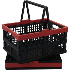Pack of 2 Collapsible Storage Crates with Handles |   Plastic Grocery Shopping Baskets, Sturdy Carry Handle, entilated Mesh Structure, For Shopping Picnic Garage Household Storage