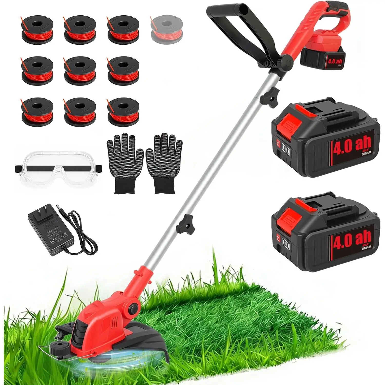 21V Weed Wacker Cordless & Lawn Edger, 12 Inch Weed Eater   with 2 X 4.0Ah and Charger, Auto Line Feed Cordless String Trimmer with 10 count Spools, Lightweight Edger Lawn Tool for Yard