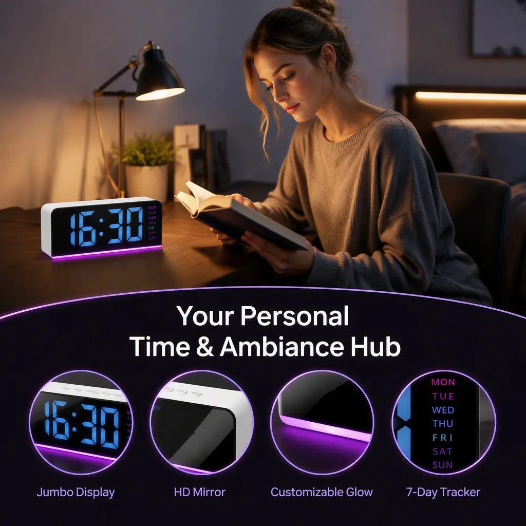 White Shell Mirror Multifunctional Digital Alarm Clock, Adjustable Brightness, Date Display - Stylish Rectangular Design, Suitable for Bedroom, Office, Home Decoration, Holiday Gifts (battery Not Included), Led Display Clock