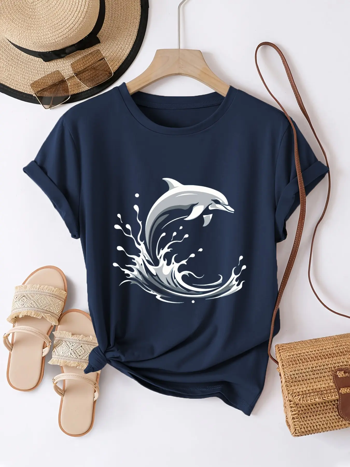 Women's Dolphin Print Short Sleeve T-Shirt, Soft Knit Fabric, Casual Top, Fun Design, Suitable for Spring Summer Fall, Daily Commute