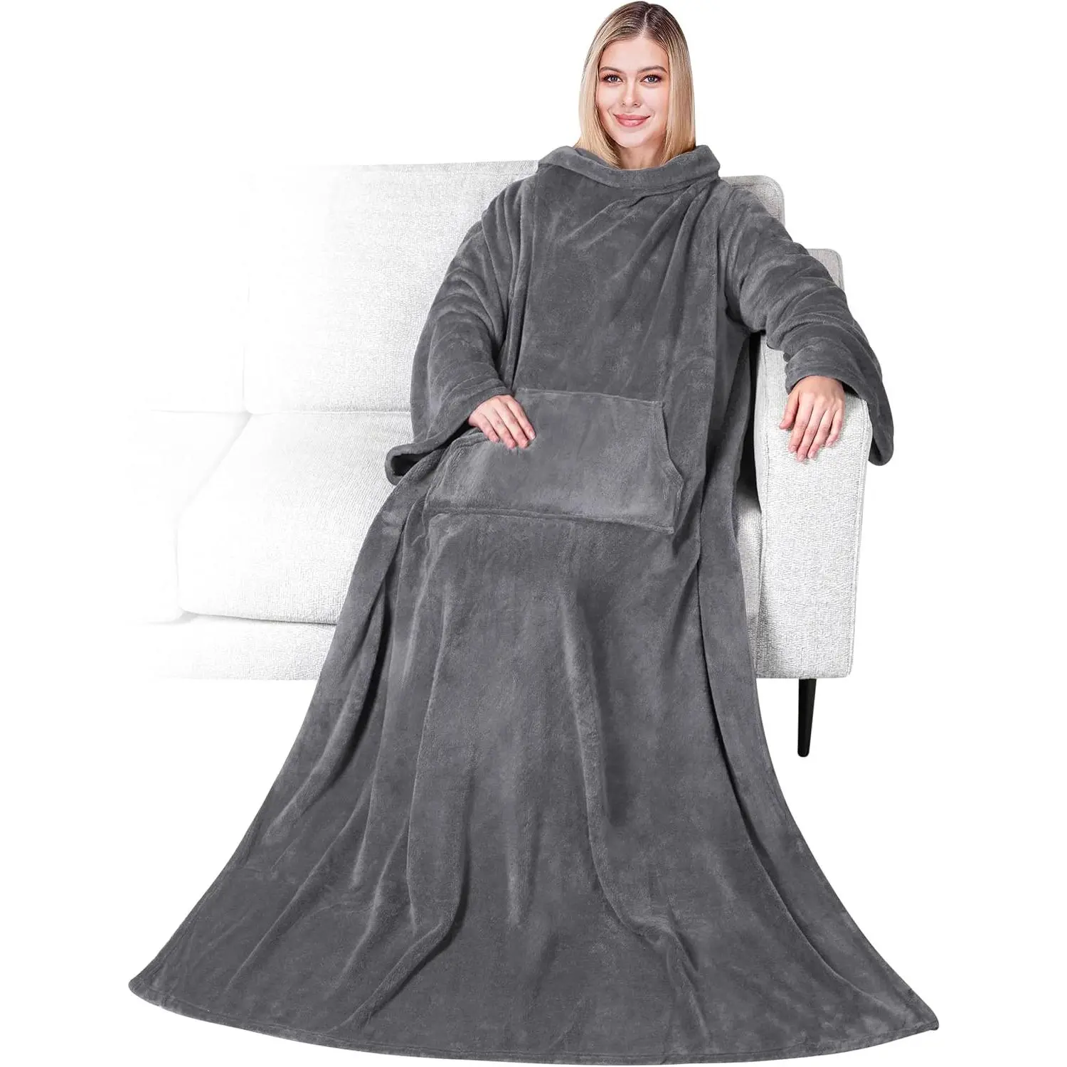Blanket with Sleeves for Adult Women Men, Soft Warm Wearable Blanket Fleece Wrap Throw, Robe Blanket