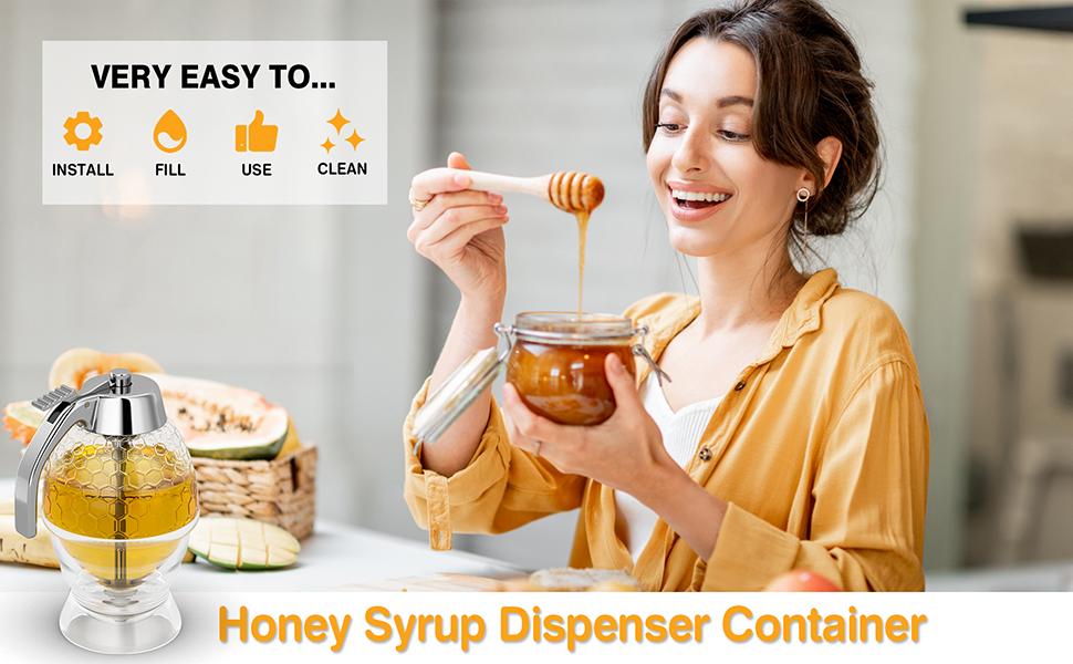 Honey Dispenser No Drip Glass 8 oz with Plastic Top, Beautiful Honeycomb Shaped Honey Jar with Stand - 6" Clear Container, Honey Pot, Maple Syrup Dispenser, Perfect Bee Decoration for Home Kitchen