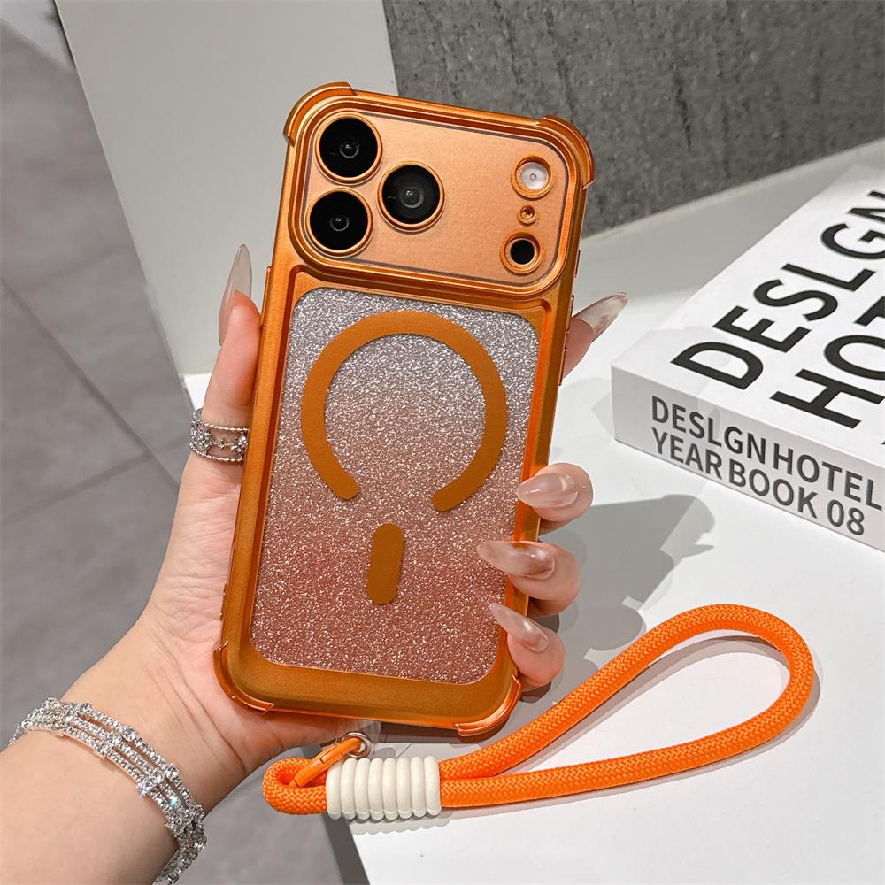 Luxury Wrist Strap Glitter Lanyard Phone Case For iPhone 17 Air 16 15 14 13 Pro Max For Magsafe Wireless Charging Armor Cover