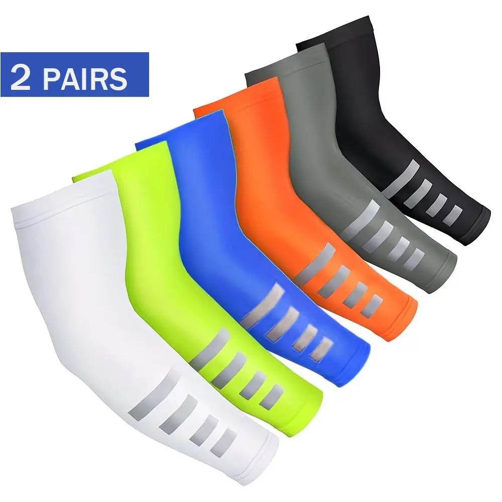 2 Pairs Cooling Compression Arm Sleeves, Breathable Quick-Dry Ice Silk Fabric, Unisex, All-Season, Reflective Design for Night Travel
