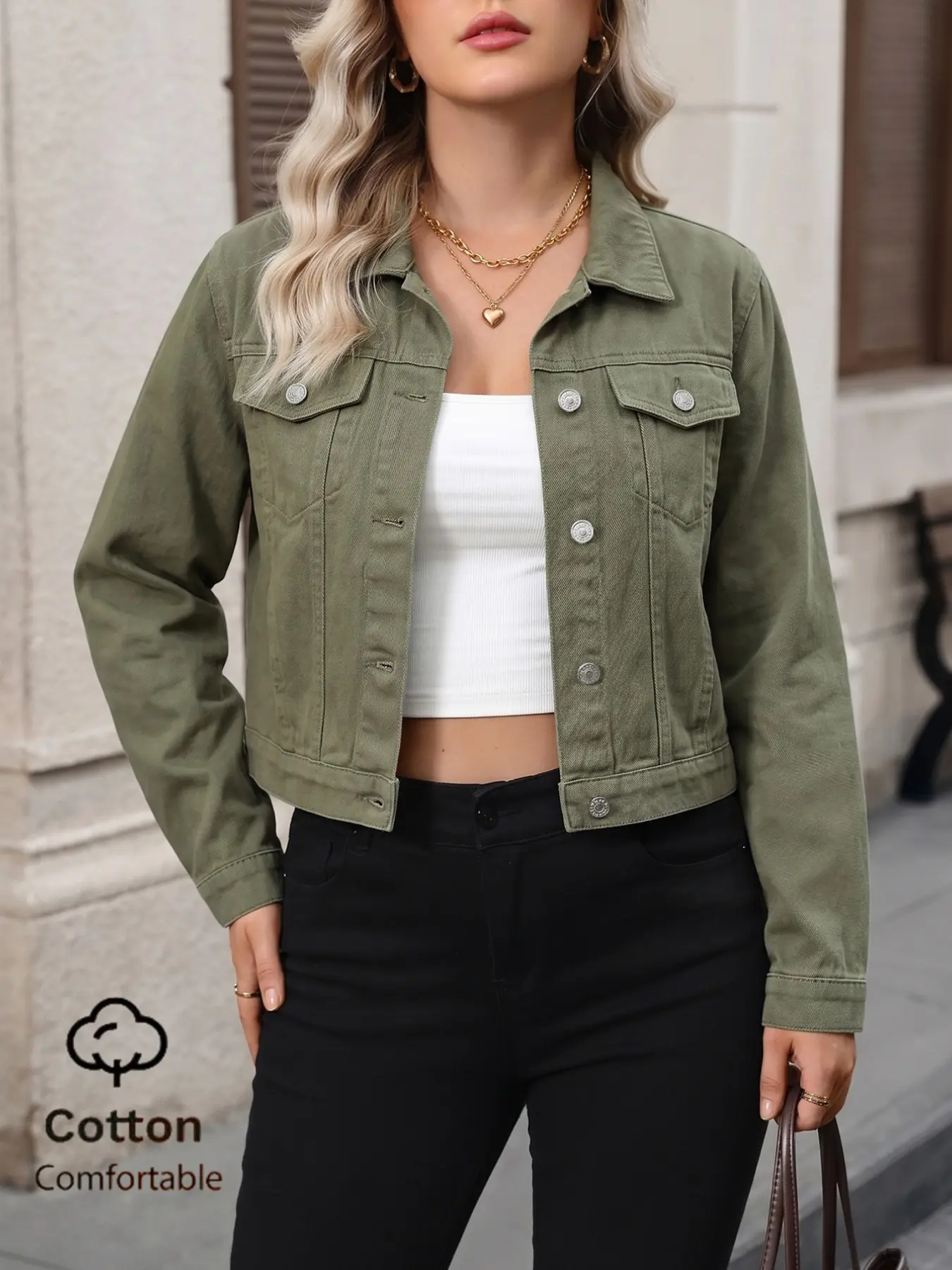 Plus Size Women's Lapel Long Sleeve Short Denim Jacket Coats, Silver Color Button Front Slim Fit Casual Outerwear for Spring and Fall