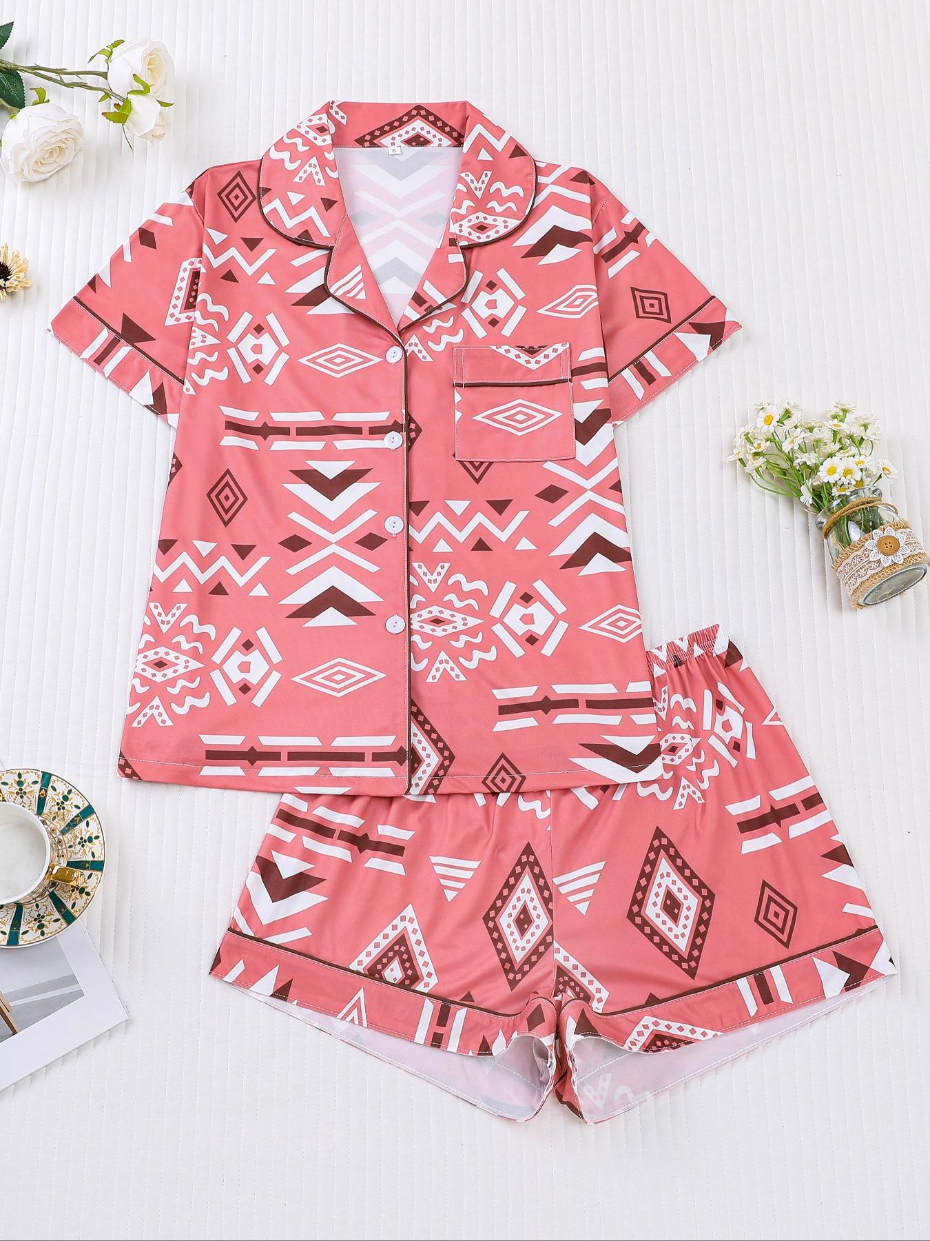 Women's Button Up Shirt & Shorts Pyjama, Casual Comfy Short Sleeve Top & Shorts PJ Set, Ladies Sleepwear for All Seasons, Loungewear, Pajamas